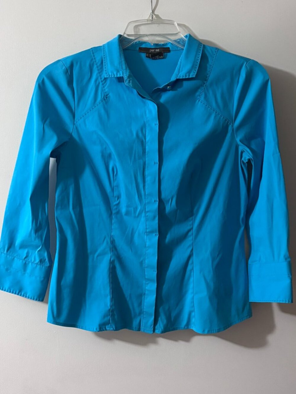Per Se Turquoise Blue Stretch Button Down Shirt Size 6